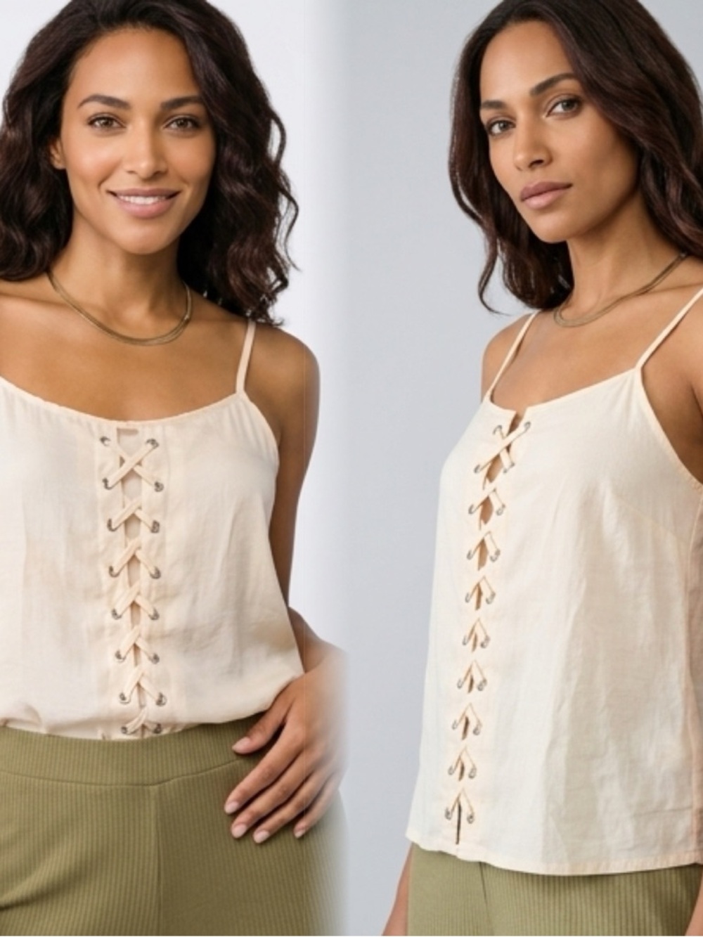 Lace-Up Cream Spaghetti Strap Tank Top